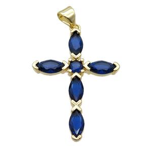 Copper Cross Pendant Pave Darkblue Crystal Glass Gold Plated, approx 22-32mm