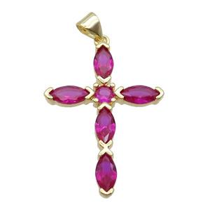 Copper Cross Pendant Pave Hotpink Crystal Glass Gold Plated, approx 22-32mm