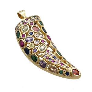 Copper Horn Pendant Pave Multicolor Zircon Gold Plated, approx 16-40mm