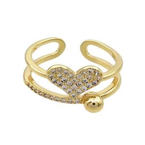 Copper Heart Ring Pave Zircon Gold Plated, approx 7-11mm, 4mm, 18mm dia