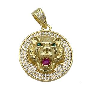 Copper Lion Pendant Pave Zircon Circle Gold Plated, approx 23mm