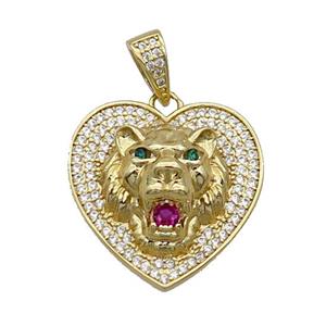 Copper Lion Pendant Pave Zircon Heart Gold Plated, approx 23mm