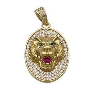 Copper Lion Pendant Pave Zircon Oval Gold Plated, approx 20-26mm