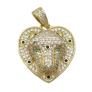 Copper Pendant Leopard Pave Zircon Heart Gold Plated, approx 23mm