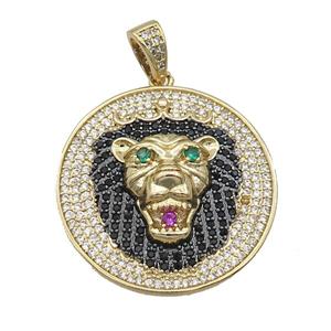 Copper Lion Pendant Pave Zircon Circle Gold Plated, approx 30mm