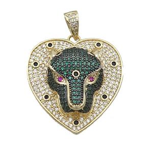 Copper Pendant Leopard Pave Zircon Heart Gold Plated, approx 30mm