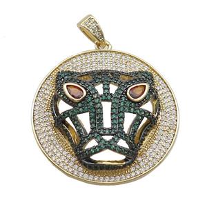 Copper Pendant Leopard Pave Zircon Circle Gold Plated, approx 35mm