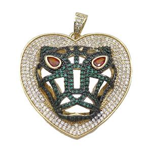 Copper Pendant Leopard Pave Zircon Heart Gold Plated, approx 37mm