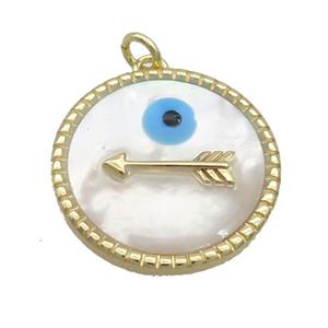 Copper Circle Arrow Pendant Pave Shell Evil Eye Gold Plated, approx 23mm