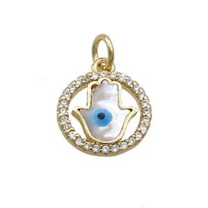 Copper Hamsahand Pendant Pave Shell Evil Eye Gold Plated, approx 12.5mm