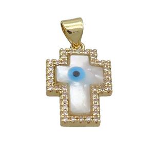 Copper Cross Pendant Pave Shell Evil Eye Gold Plated, approx 12-16mm