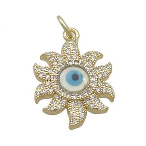 Copper Sun Pendant Pave Zircon Shell Evil Eye Gold Plated, approx 15-19mm