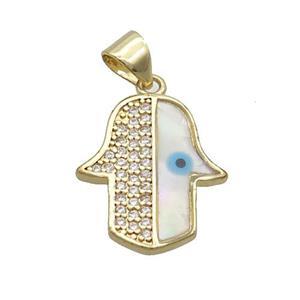 Copper Hamsahand Pendant Pave Zircon Shell Evil Eye Gold Plated, approx 15-18mm