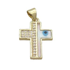 Copper Cross Pendant Pave Zircon Shell Evil Eye Gold Plated, approx 15-18mm