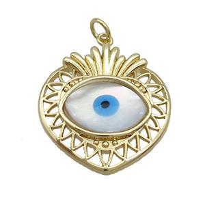 Copper Heart Pendant Pave Shell Evil Eye Gold Plated, approx 23-25mm