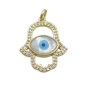 Copper Hamsahand Pendant Pave Zircon Shell Evil Eye Gold Plated, approx 18-22mm