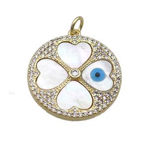 Copper Clover Pendant Pave Zircon Shell Evil Eye Gold Plated, approx 22mm