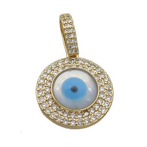 Copper Circle Pendant Pave Zircon Shell Evil Eye Gold Plated, approx 18.5mm