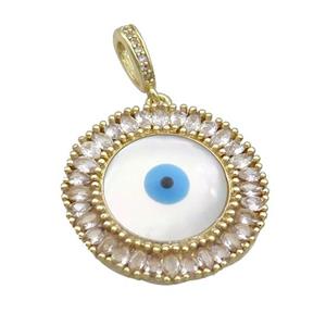 Copper Circle Pendant Pave Zircon Shell Evil Eye Gold Plated, approx 25mm