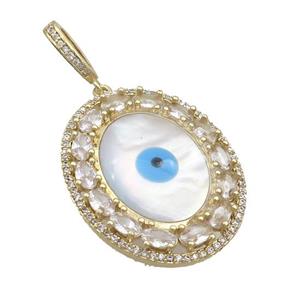 Copper Oval Pendant Pave Zircon Shell Evil Eye Gold Plated, approx 27-33mm