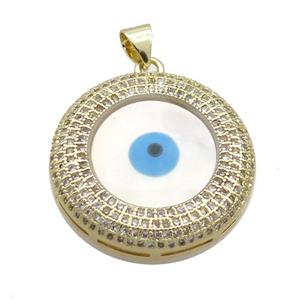 Copper Circle Pendant Pave Zircon Shell Evil Eye Gold Plated, approx 25mm