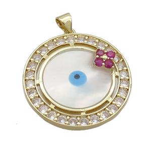 Copper Circle Pendant Pave Zircon Shell Evil Eye Gold Plated, approx 29mm