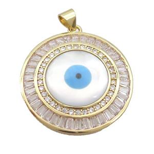 Copper Circle Pendant Pave Zircon Shell Evil Eye Gold Plated, approx 28mm