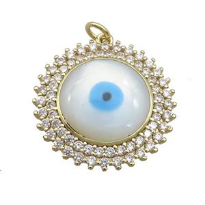 Copper Circle Pendant Pave Zircon Shell Evil Eye Gold Plated, approx 23mm