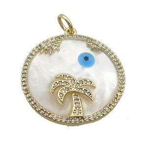 Copper Circle Coconut Tree Pendant Pave Zircon Shell Evil Eye Gold Plated, approx 27mm