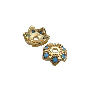 Copper Beadcaps Pave Turq Zircon Gold Plated, approx 8mm