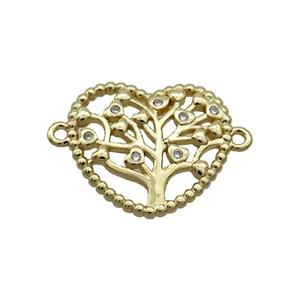 Copper Heart Connector Pave Zircon Tree Of Life Gold Plated, approx 18mm