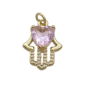 Copper Hamsahand Pendant Pave Pink Crystal Glass Gold Plated, approx 14-17mm