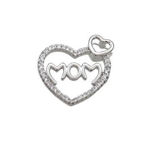 Copper Heart Pendant Pave Zircon MOM Platinum Plated, approx 15-16mm