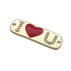 Copper I LOVE U Connector Pave Zircon Red Enamel Gold Plated, approx 8.5-26mm