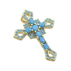 Copper Cross Pendant Pave Zircon Turq Gold Plated, approx 18-24mm