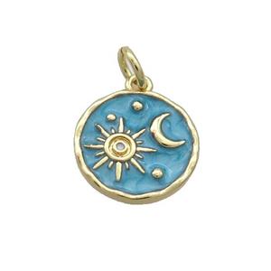 Copper Moon Sun Pendant Teal Enamel Circle Gold Plated, approx 13mm