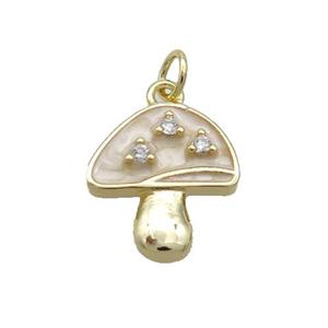 Copper Mushroom Pendant Pave Zircon White Enamel Gold Plated, approx 14-15mm