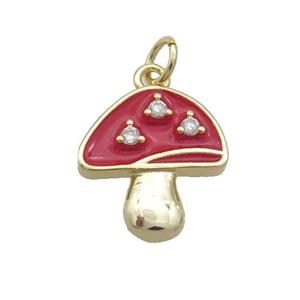 Copper Mushroom Pendant Pave Zircon Red Enamel Gold Plated, approx 14-15mm