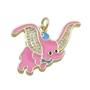 Copper Elephant Pendant Pave Zircon Pink Enamel Gold Plated, approx 25mm