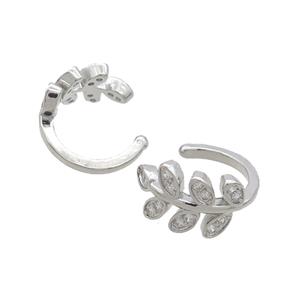 Copper Clip Earring Pave Zircon Leaf Platinum Plated, approx 13mm