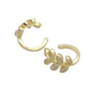 Copper Clip Earring Pave Zircon Leaf Gold Plated, approx 13mm
