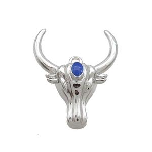 Copper Bullhead Pendant Pave Blue Crystal Platinum Plated, approx 18-22mm