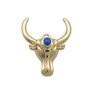 Copper Bullhead Pendant Pave Blue Crystal Gold Plated, approx 18-22mm