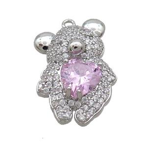 Copper Bear Pendant Pave Zircon Pink Heart Platinum Plated, approx 15-23mm