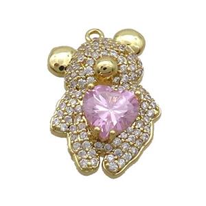 Copper Bear Pendant Pave Zircon Pink Heart Gold Plated, approx 15-23mm