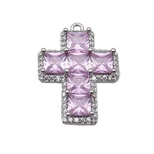 Copper Cross Pendant Pave Pink Crystal Glass Platinum Plated, approx 18-23mm