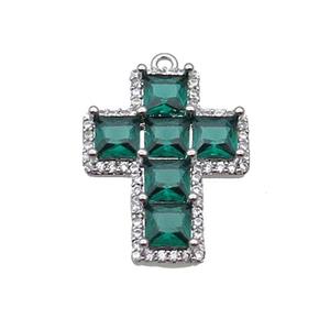 Copper Cross Pendant Pave Green Crystal Glass Platinum Plated, approx 18-23mm