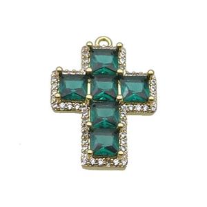 Copper Cross Pendant Pave Green Crystal Glass Gold Plated, approx 18-23mm