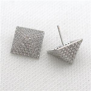 Copper Pyramid Stud Earring Pave Zircon Platinum Plated, approx 14-20mm