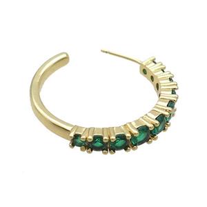 Copper Stud Earring Pave Green Zircon Gold Plated, approx 27mm